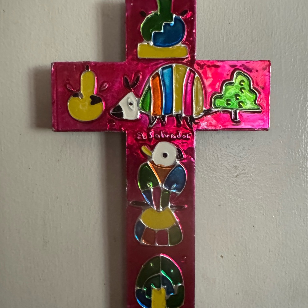 Hand Made in El Salvador Vibrant Pink Cross with Colorful Motiva
